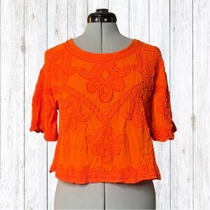 Anthropologie Vibrant Orange Red Embroidered Blouse